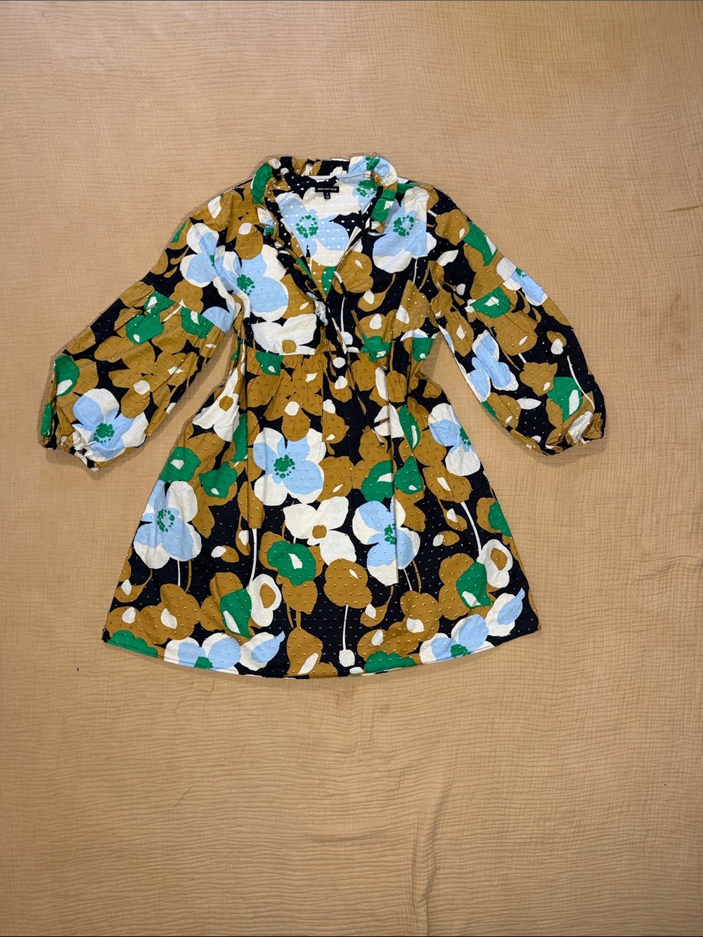 Who What Wear Floral Patterned Green and Black Long Sleeve Babydoll Dress